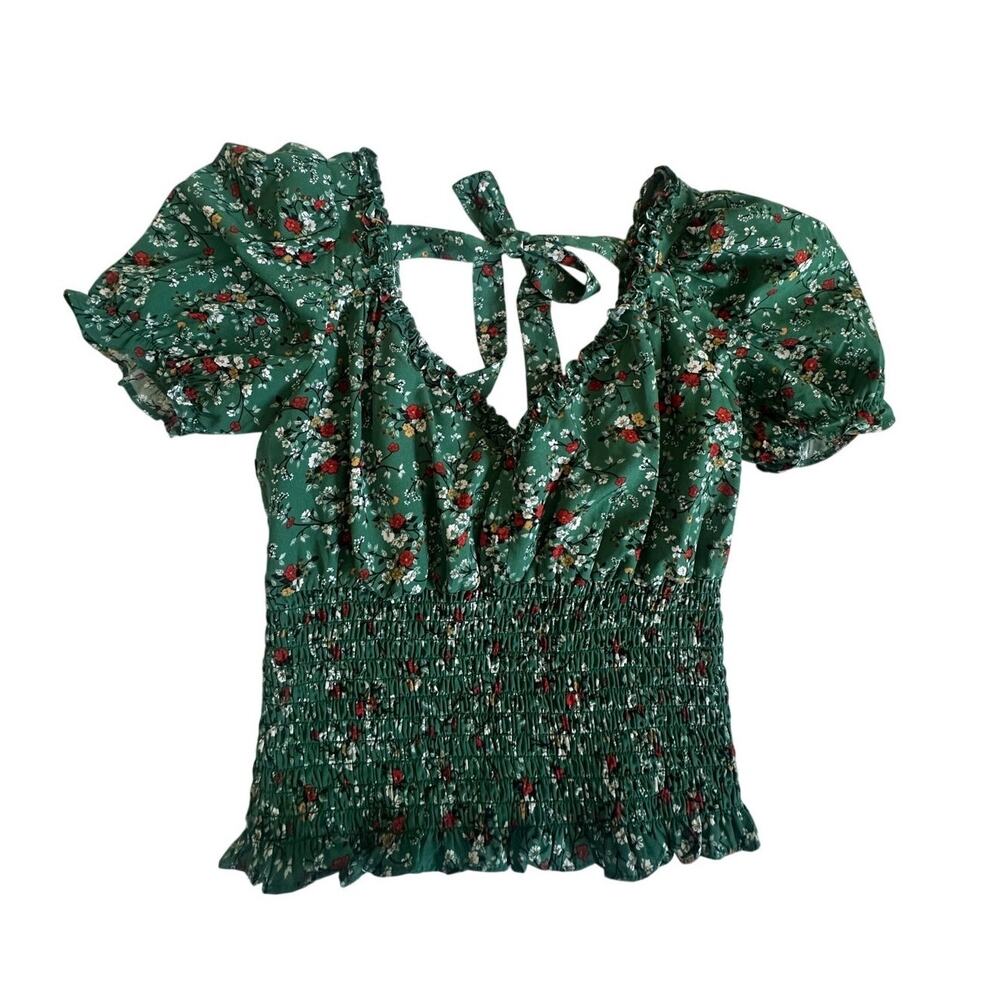Milk & Honey Crop Top Womens S Green Floral Puff Sleeve